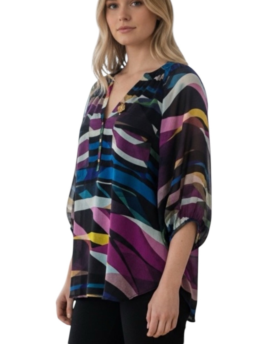 Calvin Klein Geometric Multicolor Print V Neck 3/4 Sleeves with Button Accent 0X